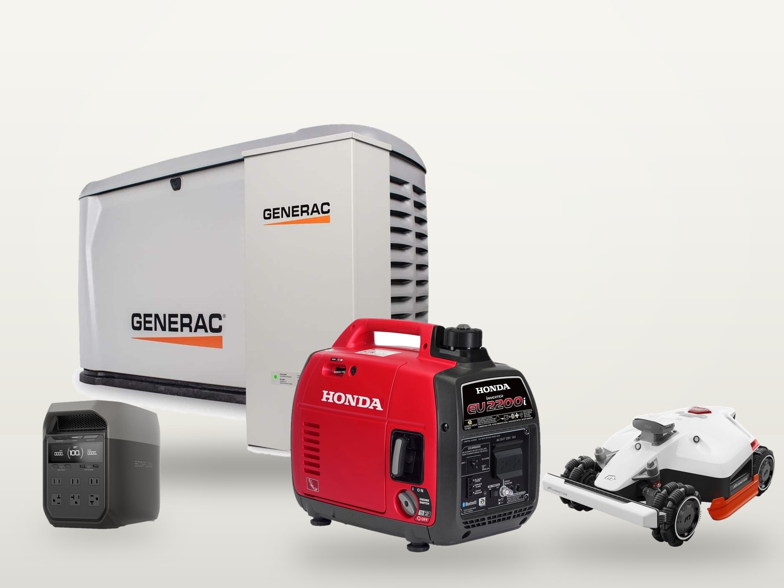 Generac home standby generator, Honda EU2200i inverter generator, EcoFlow DELTA 3 power station and Mammotion robot mower